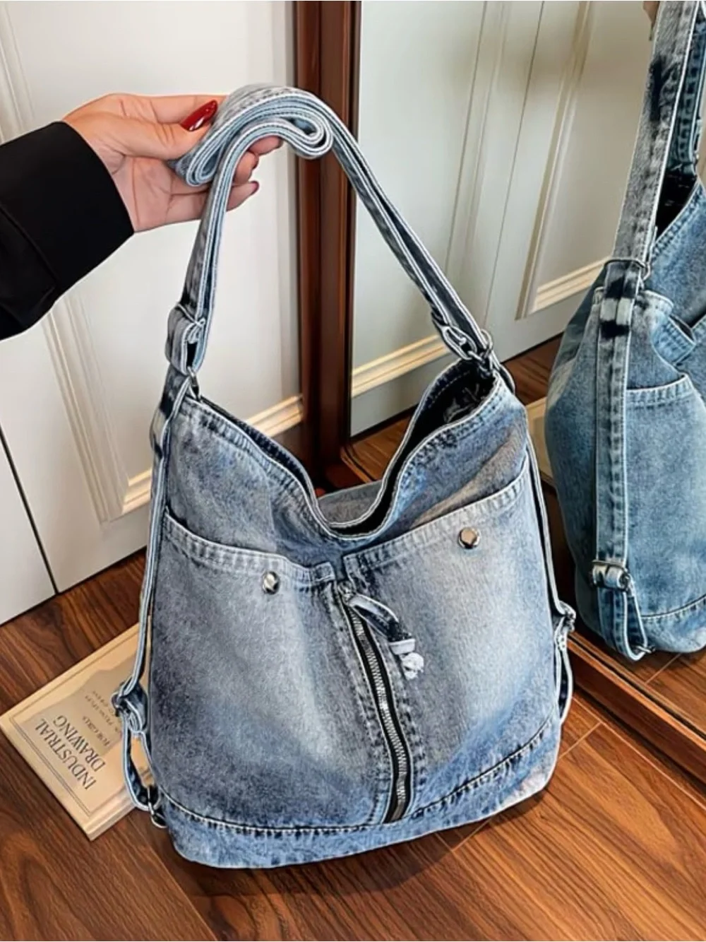 Casual Denim Hobo Bag - Light Blue